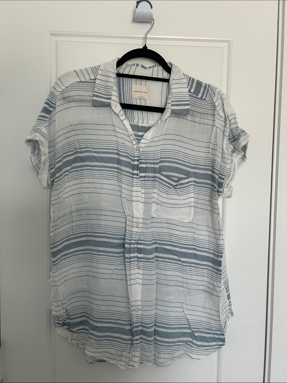 Light Blue Striped Short-Sleeve Button-Up Shirt